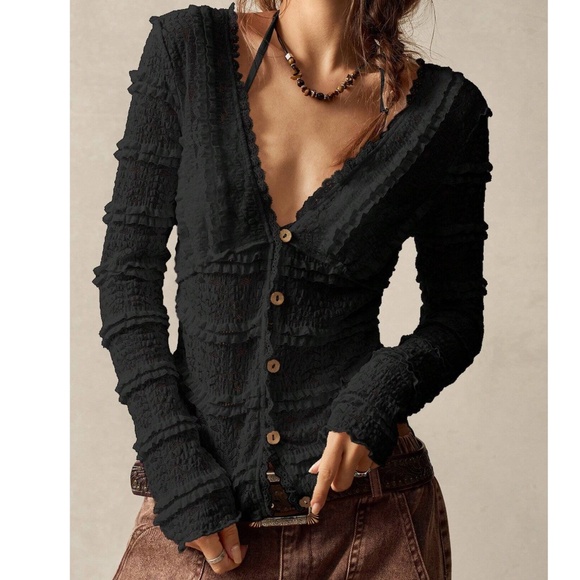 Boho Fitted Button Down Frill Ruffle Detail Long Sleeve top - Picture 9 of 12